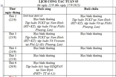 Lịch công tác tuần 3 năm học 2025-2026