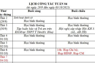 Lịch công tác tuần 4 năm học 2025-2026